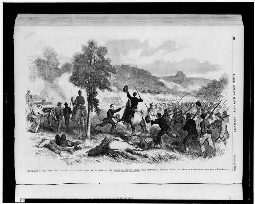 The charge of the First Iowa Regiment, with General Lyon at its head, at the Battle of Wilson's Creek, near Springfield, Missouri, August 10, 1861